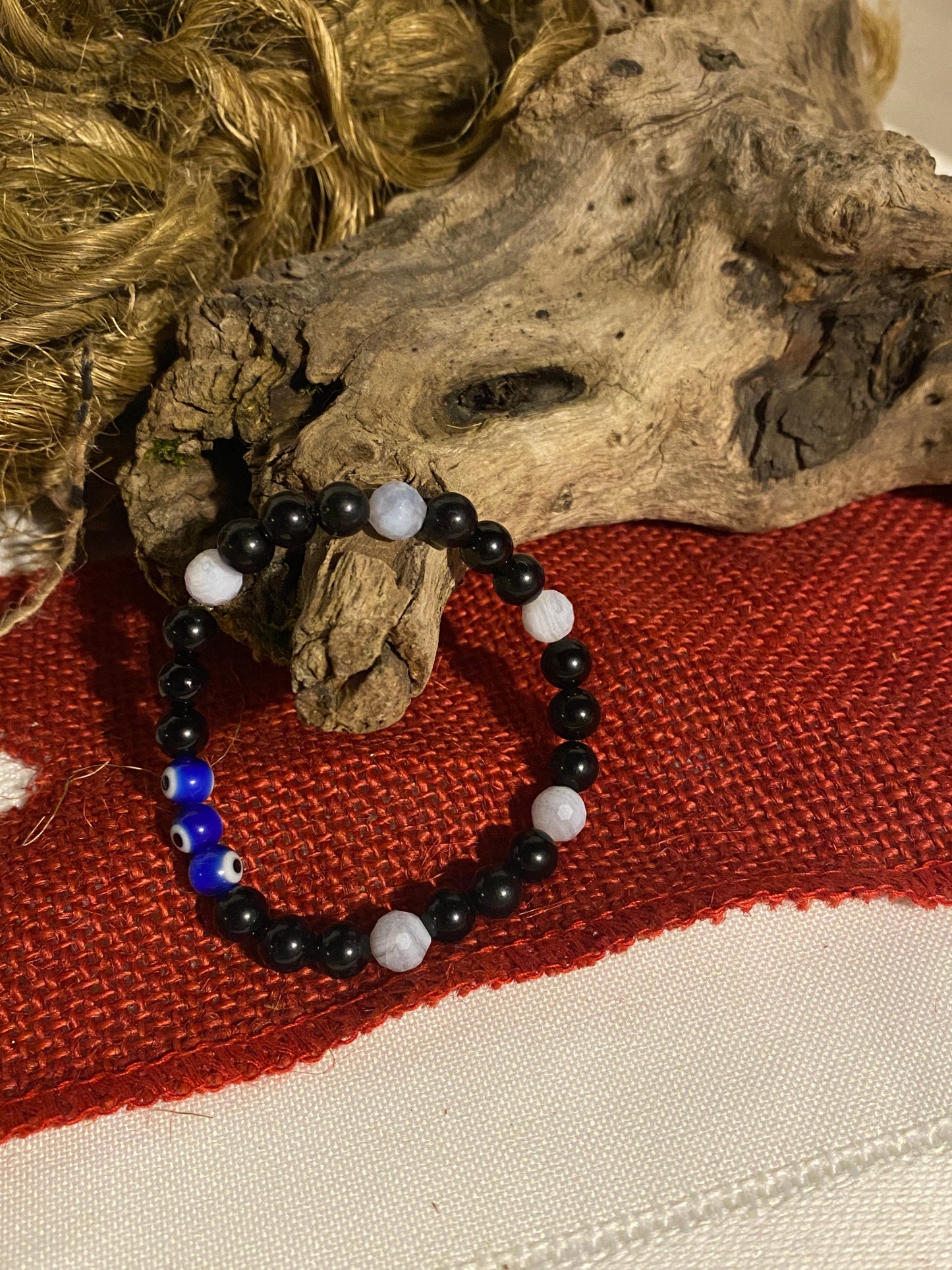 Blue lace agate, onyx, blue evil eye