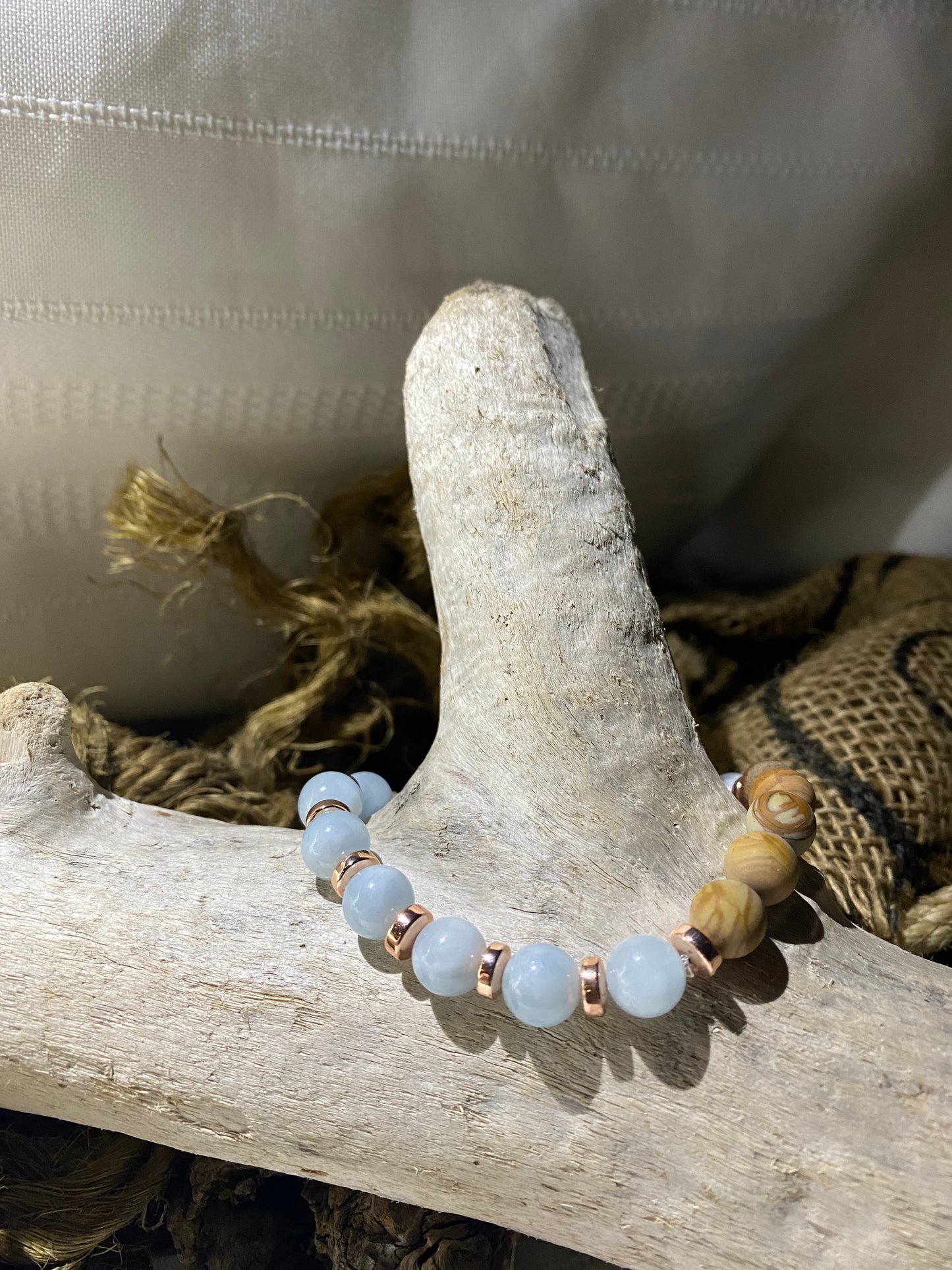 Aquamarine, Wood Jasper, Rose Gold Hematite