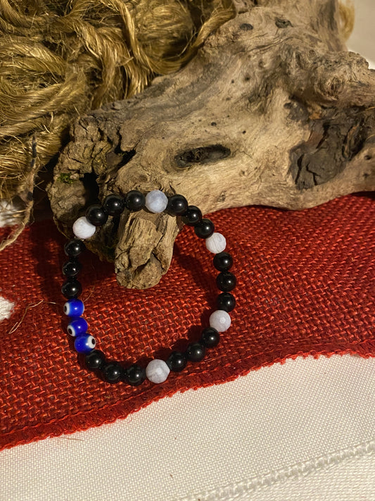 Blue lace agate, onyx, blue evil eye