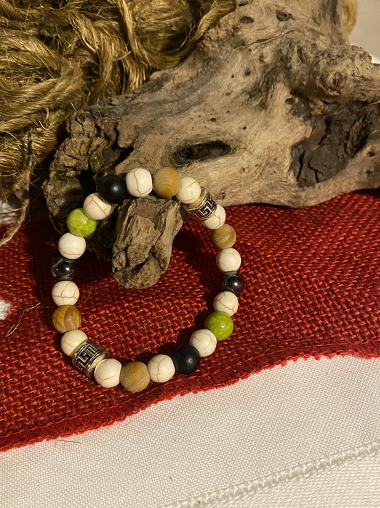 Howlite, wood Jasper, shungite, hematite, green crackle